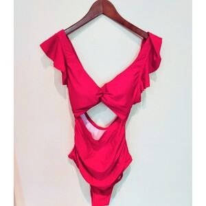 Red Ruffle Cutout One Piece Swimsuit Monokini‎ Twist Front V-Neck Pink S